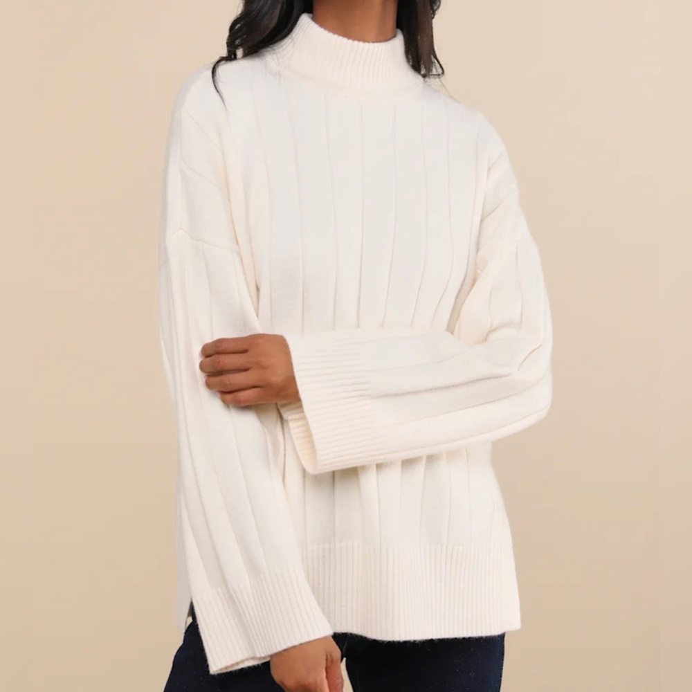 Lulus Seasonal Snuggles Ivory Ribbed Mock Neck Pullover Sweater